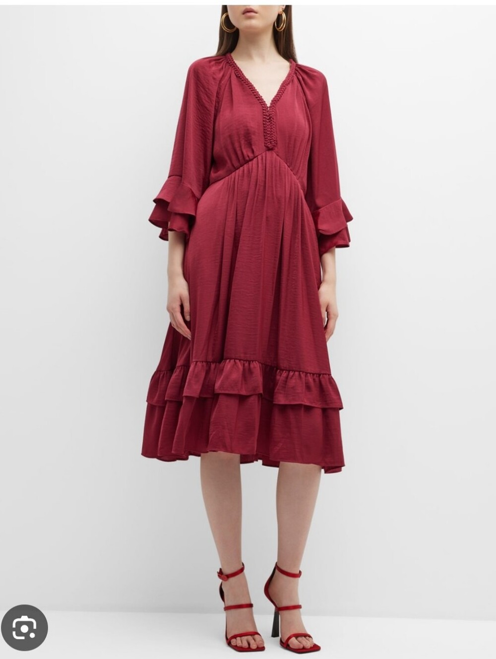 Kobi Halperin Burgundy Tiered Ruffle Midi Skirt Dress Large Nwt